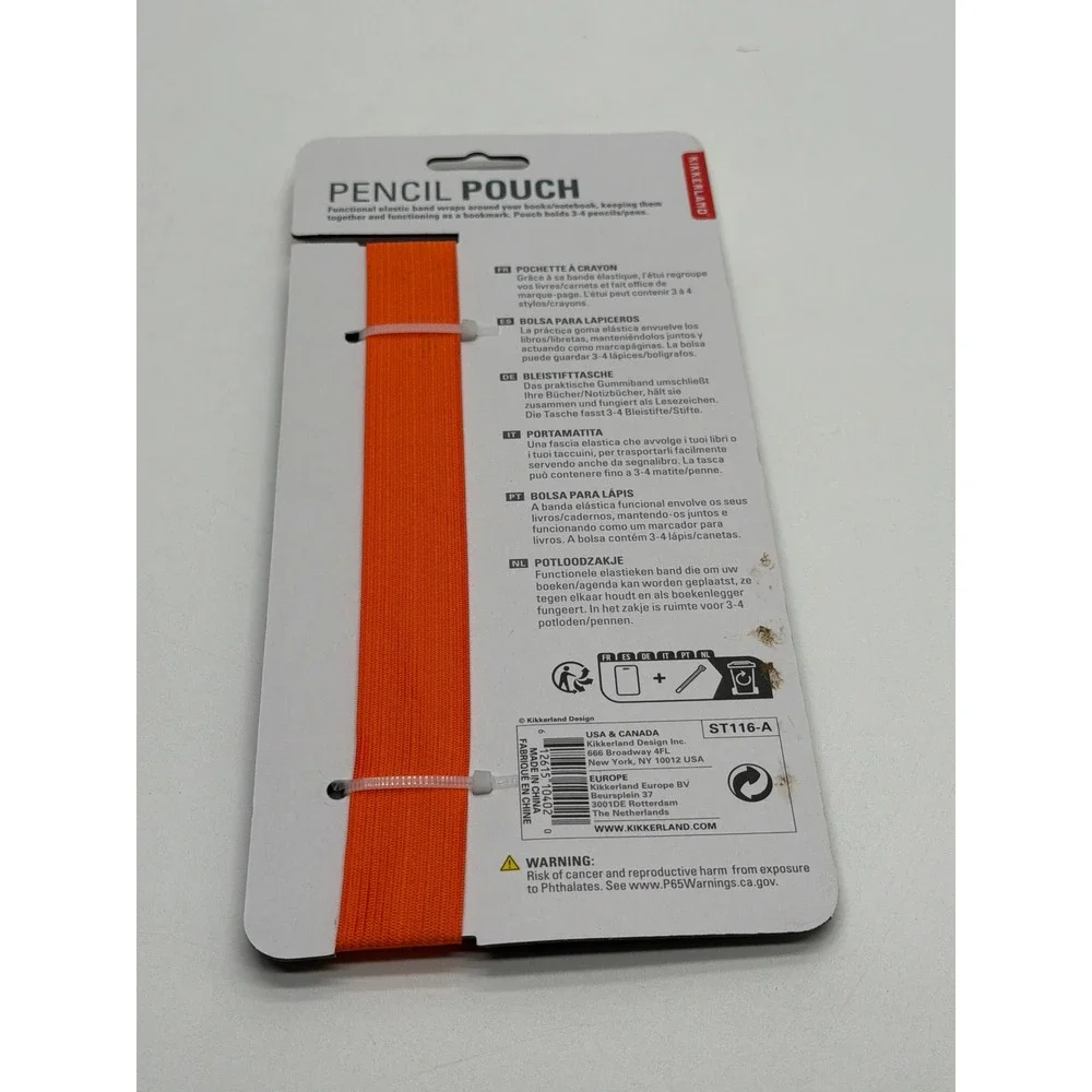 Kikkerland Grey Orange Elastic Notebook Pencil Pouch Case Bookmark ST116-A NEW